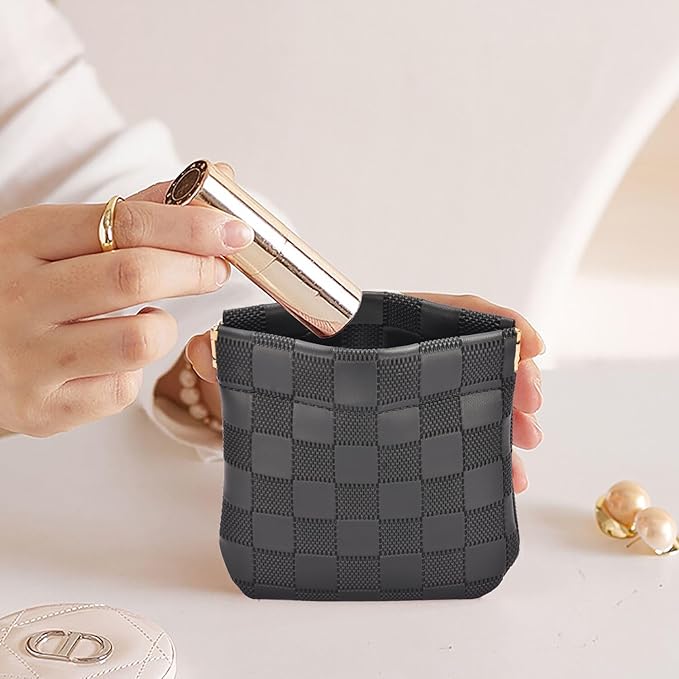 Leather Pocket Cosmetic Bag for Purse,Coin Purse Lipstick Cosmetic Accessories Organizer, Travel Kit Storage Pouch,Waterproof Portable No Zipper Self-closing (Black+White/Small)