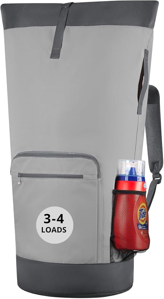 Laundry Backpack - XL Heavy Duty Laundry Bag Holds 3-4 Loads - Adjustable Straps, Drawstring Closure, Pockets & Handles - Durable Hamper for College, Travel & Laundromat - Grey