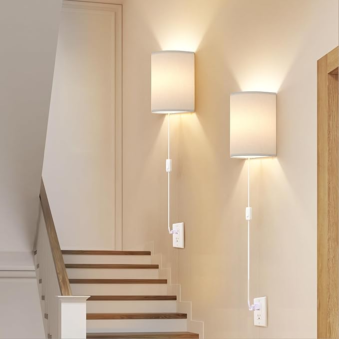 Yunaking Plug in Wall Sconces Set of Two Wall Lights with On/Off Switch | Stepless Color Temperature Wall Lamps with Fabric Linen Shade for Bedroom Living Room & Hallway- Indoor Corded Wall Decor