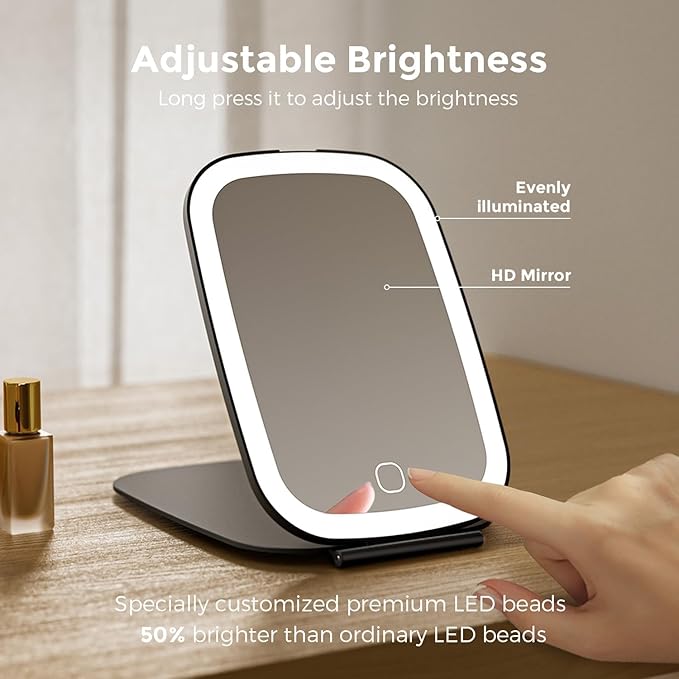 NEZZOE Rechargeable Travel Makeup Mirror with LED Light, 3 Lighting Modes, 7x5 Inch Foldable Vanity Mirror for Desk or On The Go, Black