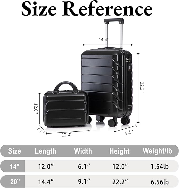 2-Piece ABS Hard Shell Lightweight Carry-On Luggage Set (14" & 20"), 360-Degree Spinner Wheels, Adjustable Telescopic Handle and Combination Lock for Travel, Black