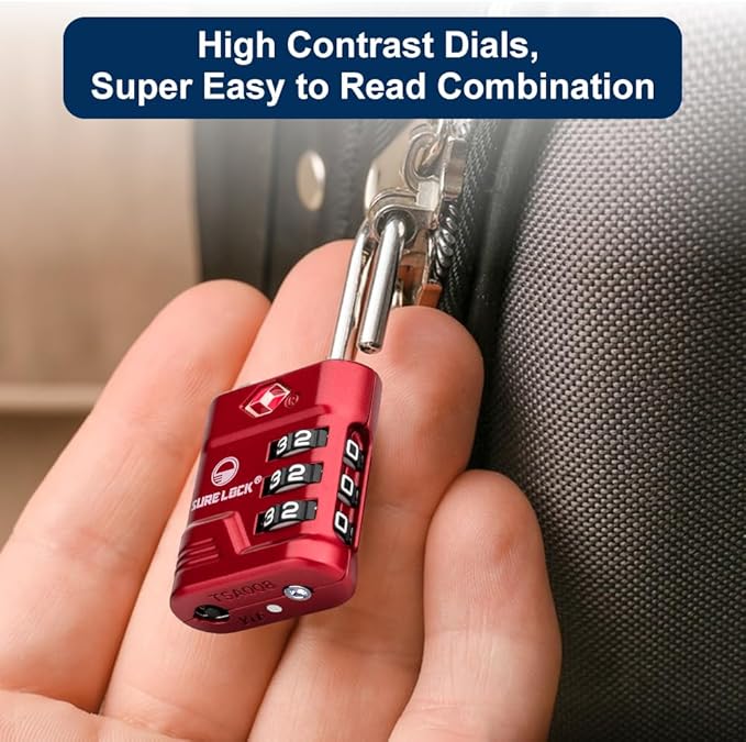 SURE LOCK TSA Approved Luggage Lock – 3-Digit Resettable Combination Padlock with Open Alert Red Dot, Large Easy-Read Dials for Suitcases, Backpacks, Gym & School Lockers(Red 2 pk)