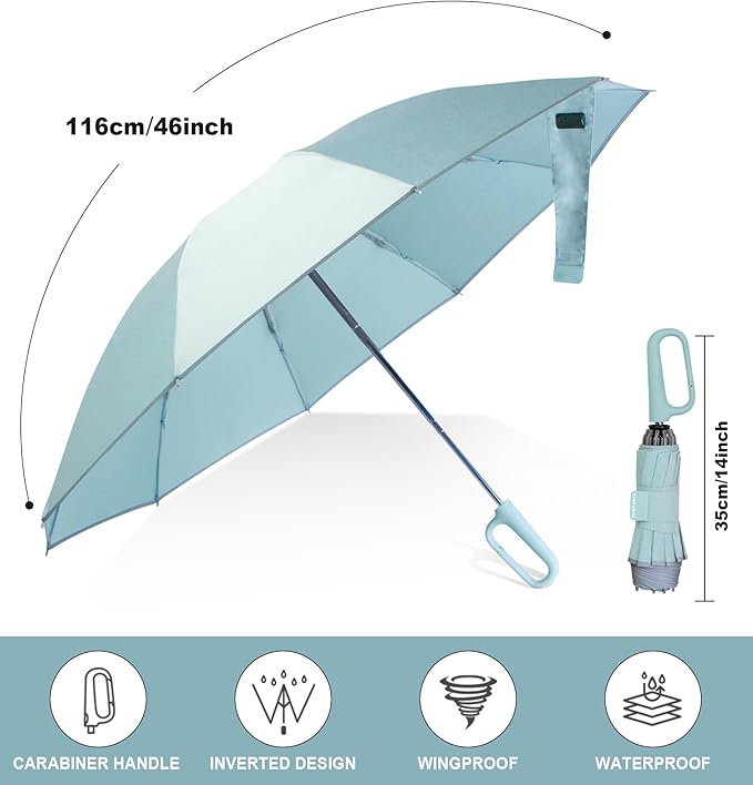 QWB TUMAAOTU Inverted Umbrella with Carabiner Handle, Compact Wind Proof Umbrellas For Rain and Sun Protection, Portable Reverse Folding Umbrella, Car Umbrella for Women Men, 10 Ribs