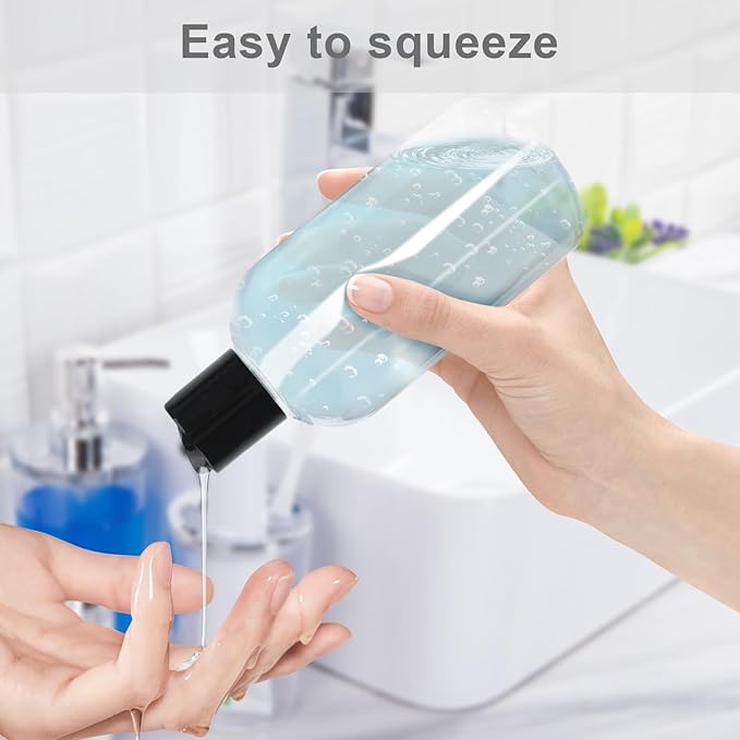 6 Pack 8 oz Empty Plastic Bottles with Black Disc Caps Reusable Clear Leak-Proof Travel Squeeze Containers for Shampoo Conditioner Toiletries Liquid Soap