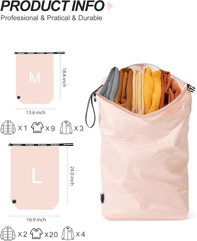 Travel Laundry Bag, Pump Free Vacuum Storage Bag Reusable Compression Dirty Clothes Travel Bag Waterproof Wet Dry Bags Large Capacity Space Saver Bags Camp Clothes Organizer (1 Pcs)(Pink, M)