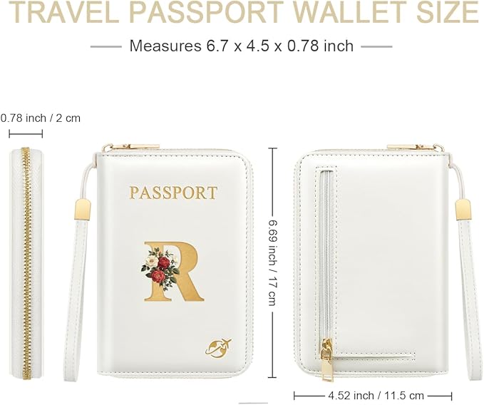 Passport Holder for Travel Personalized Passport Holder Initial Letter Rose Flower RFID Blocking Travel Wallets Credit Cards Holder for Women Men, White R