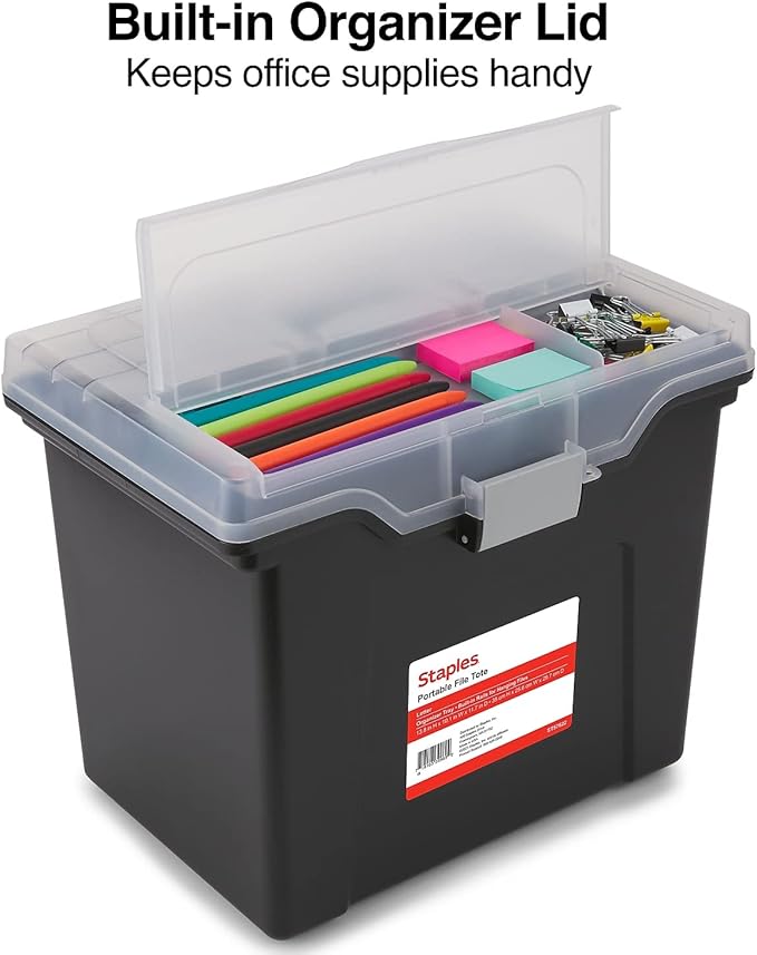 STAPLES File Folder Tote, Portable Filing Box for Letter SIze Hanging Folders, Security Latch & Built-In Lid Organizer, Black/Clear