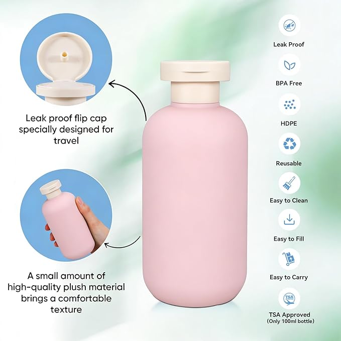 DEMORA 6.6oz Travel Bottles for Toiletries, Larger Plastic Travel Squeeze Bottles Leak Proof Refillable Toiletry Containers with Flip Caps and Labels for Shampoo Conditioner Lotion (Pink, 4 Pcs)