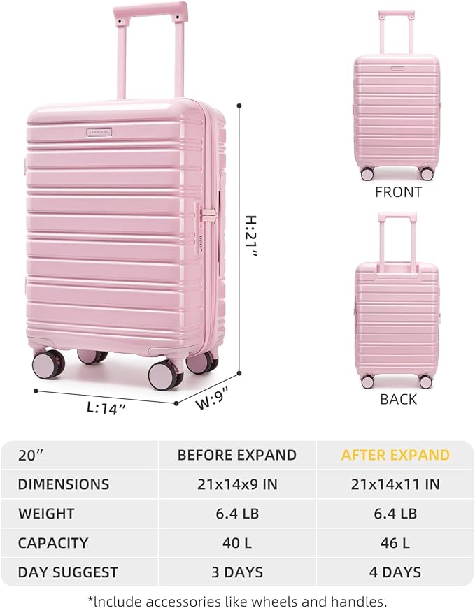 LARVENDER Carry On Luggage 22x14x9 Airline Approved, 20 Inch Expandable PC+ABS Hardside Suitcase Carry On Luggage with Spinner Wheels TSA Lock for Women Men (Pink)