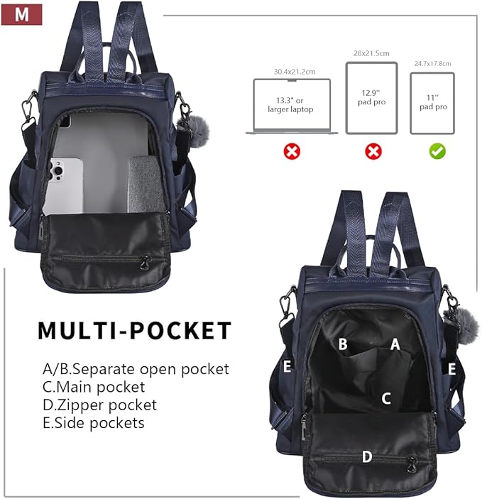 PINCNEL Women Backpack Purse Waterproof Nylon Anti-theft Rucksack Lightweight Shoulder Bag