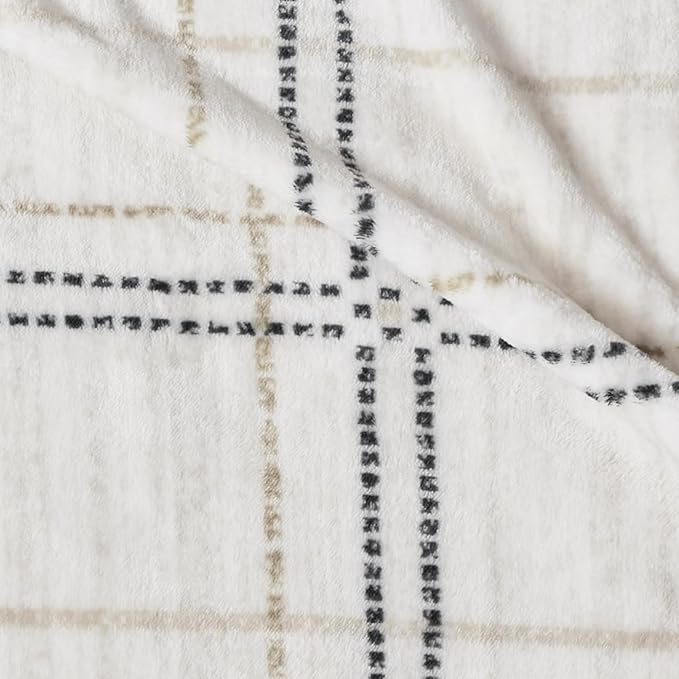 Soft Cozy 120x120 Inches Seamless Oversized King Fleece Blanket, Line Pattern Giant Huge, Extra Large 10'x10' California King Blanket for Sofa, Family, Travel, Line Ivory Grey