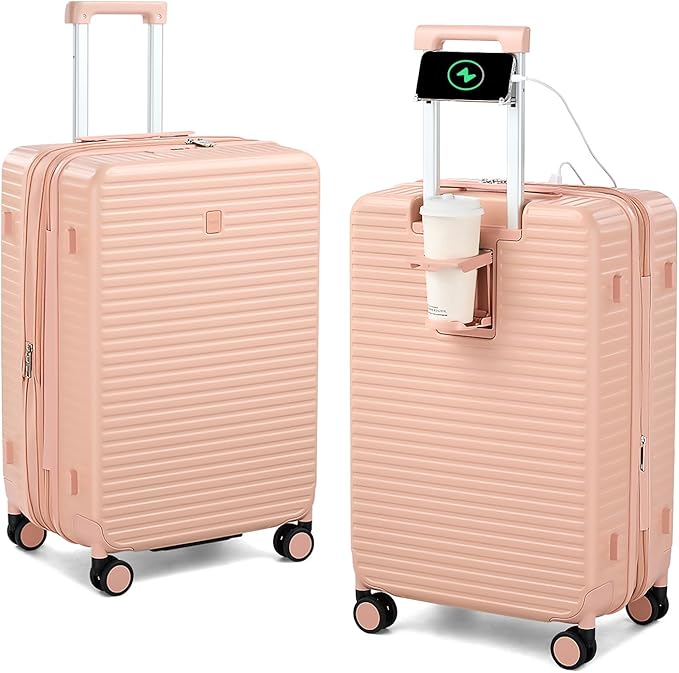 HanTrip 24 Inch Check in Luggage with Spinner Wheels, Hard Shell Suitcases Travel Expandable Luggage with Cup Holder Charger Built in, Checked Medium Suitcase Lightweight Suitcases, Pink
