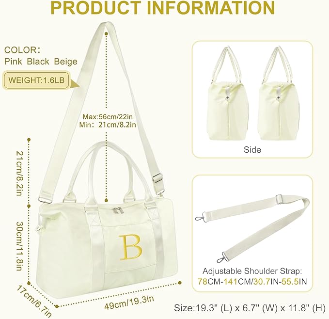Personalized Initial Gym Dance Bag, Travel Duffel Bag for Teen Girls, Carry On Bag Overnight Weekender Bag with Trolley Sleeve, Birthday Gifts for Women Mom Daughter Graduation Gift(Letter B, Beige)