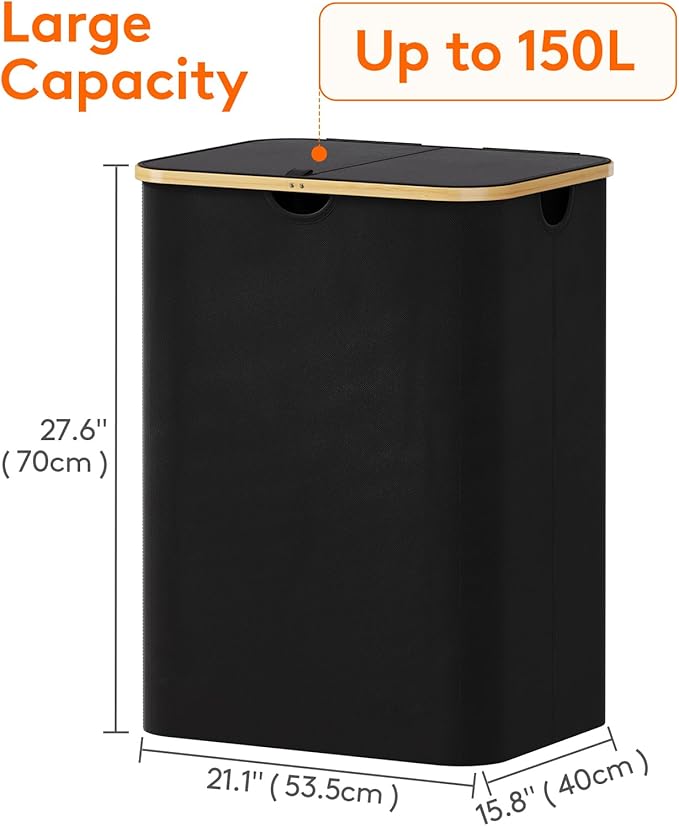 Lifewit 150L Laundry Basket with Lid, Clothes Hampers with Bamboo Handles and 2 Removable Bags, Large Foldable Laundry Hamper for Bedroom, Bathroom, Dorm, Black