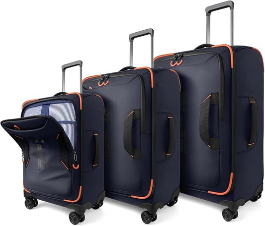 3-Piece Softside Upright Luggage Set with Front Open Pocket, Lightweight and Waterproof Durable Suitcase Sets Double Spinner Wheels（Blue, 22in/26in/30in）