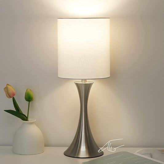 Touch Control Table Lamp, 3-Way Dimmable Desk Lamp, Bedside Reading Light | Small Lamp with White Shade and Silver Base, Nightstand Lamp for Living Room, Bedroom, Dorm, Office, 3000K LED Bulb Included