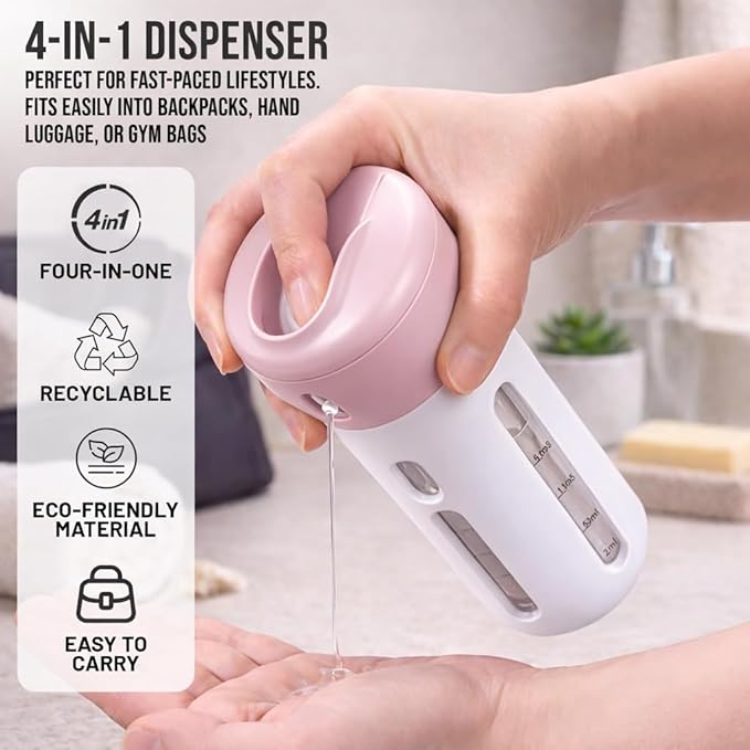 Travigo 4-in-1 Travel Dispenser Bottle Set, TSA Approved, Leak Proof, Reusable 1.4 oz. (40 mL) Toiletry Containers for Shampoo, Conditioner, Soap, Lotion, Skincare (2 Pack, Pink & Gray)