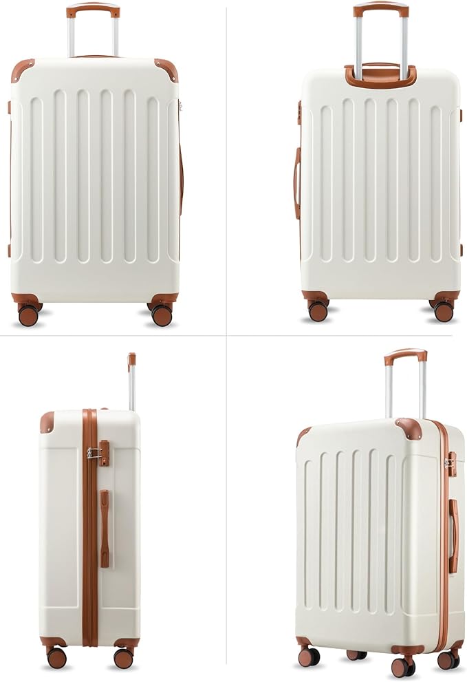 28 Inch Luggage with Spinner Wheels, Hardside Suitcase with Wheels, TSA Approved, White Brown