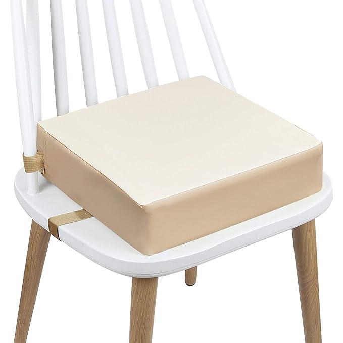Toddler Booster Seat Dining, Washable 2 Straps Safety Buckle Kids Booster Seat for Dining Table, Portable Travel Increasing Cushion (Beige-PU)