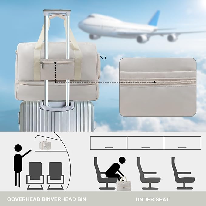Carry On Travel Duffel Bag for Women & Men,Overnight Weekender Bag with Shoe Compartment,Trolley Sleeve and Adjustable Shoulder Strap,Business & Weekend Travel,Gym,Sports,Yoga & Dance(Ivory)