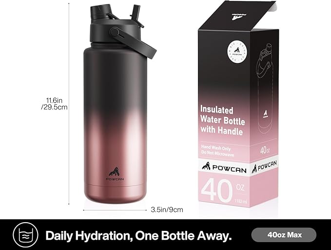 POWCAN 40 oz Insulated Water Bottle with 2-in-1 Straw and Spout Lid, Keep Cold 24H, Leak-Proof, BPA-Free, Double Wall Stainless Steel Water Bottle for Sports, Gym, Travel, Gift, and School (Queen)