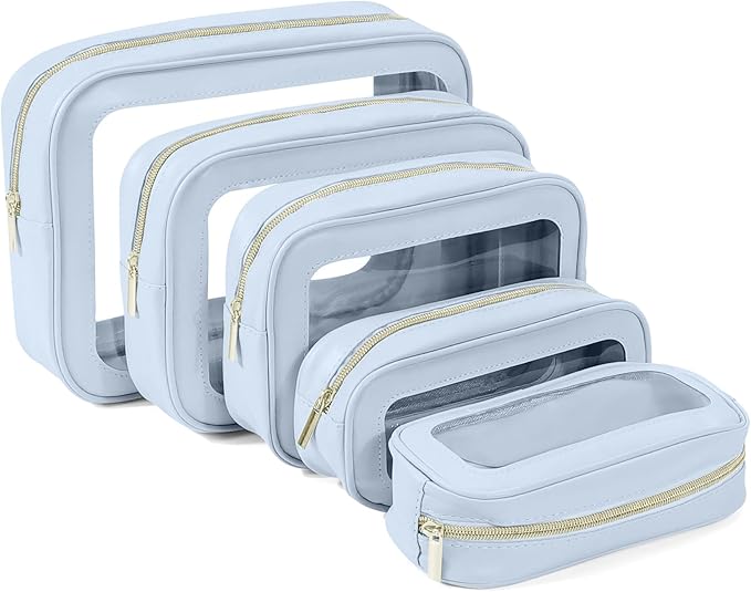YOPCDJ 5PCS Clear Toiletry Bag,TSA Approved Travel Makeup Pouch with Zipper for Cosmetics and Toiletries，Diaper Bag Organizer Pouch Set，Women's Purse Organizer and Clear Car Bag