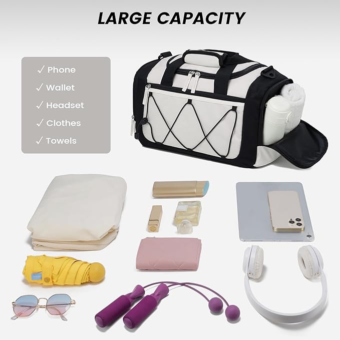 Vorspack Gym Bag for Women - 15 Inches Small Duffle Bag for Travel Lightweight Duffel Bag Personal Item Travel Bag Weekender Bag for Travel Sports Gym - Beige