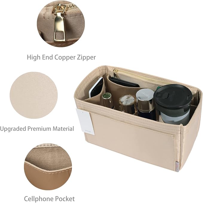 ZTUJO Purse Organizer Insert For Handbags, Silky Touching Bag Organizer Insert With Bottle Holder, Perfect for Speedy, Neverfull, Tote,ONTHEGO,Artsy,Handbag and More (small, Silky Beige)