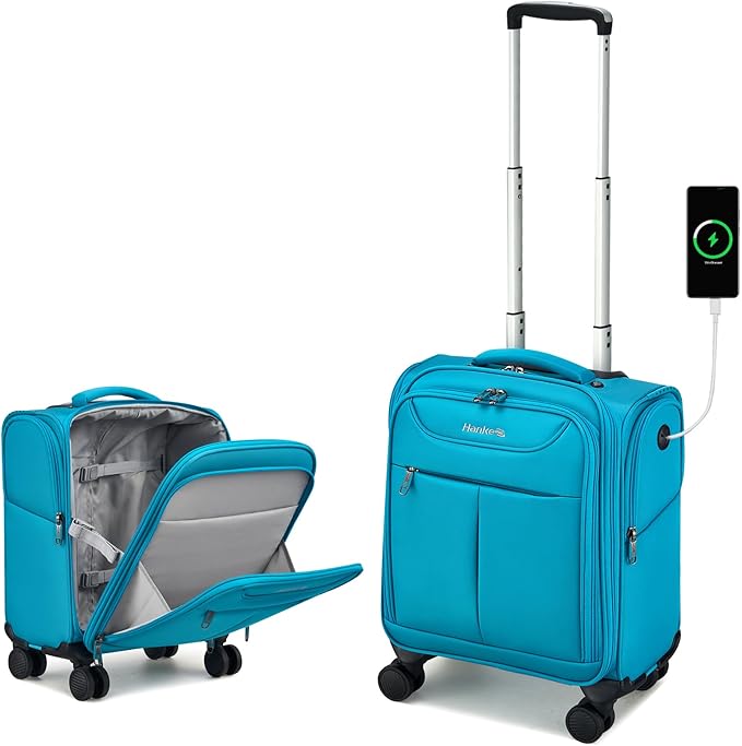 Hanke Underseat Carry On Luggage with Wheels, Lightweight Small Suitcase Airline Approved 16 Inch Softside Personal Item Travel Bag for Women Men, Compact Under Seat Luggage.(Caribbean Blue)