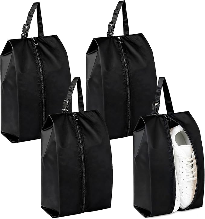 4-Pack Travel Shoe Bags for Packing in Suitcase – Hanging Buckle Shoe Storage Pouches with Zipper and Handle, Portable Bags for Gym, Sports, Cleat and Ballet (Black)