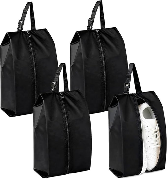 4-Pack Travel Shoe Bags for Packing in Suitcase – Hanging Buckle Shoe Storage Pouches with Zipper and Handle, Portable Bags for Gym, Sports, Cleat and Ballet (Black)