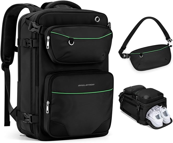 Maelstrom Travel Backpack for Men Women, 35L Carry on Backpack for Traveling on Airplane,with Belt Bag&Shoe Compartment,Waterproof Laptop Backpack fit 17”Laptop-Classic Black, Large
