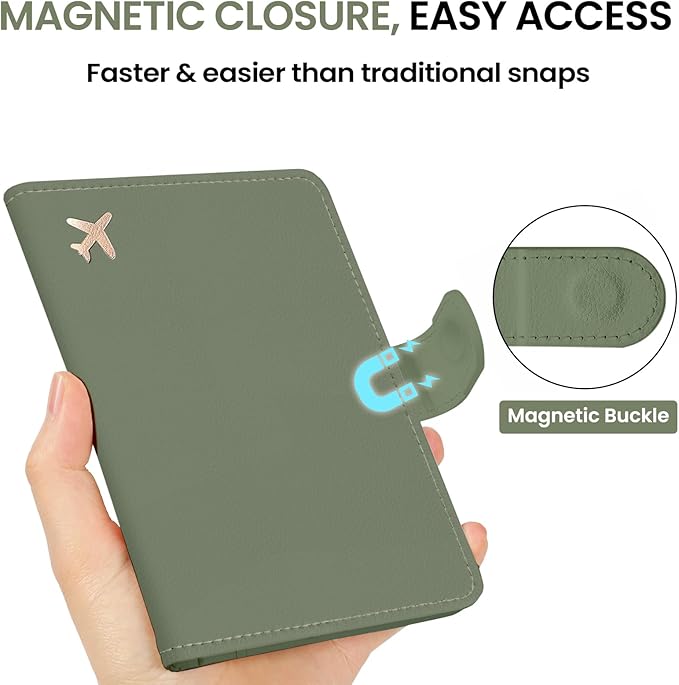 Passport Holder for Travel Essentials, RFID Blocking Leather Cover Wallet with Magnetic Closure, Aesthetic & Cute Passport Book Case for Women and Men - Green