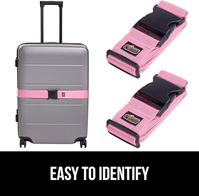 GORILLA GRIP Heavy Duty 4 Pack Adjustable Luggage Straps for Suitcases, Easy to Identify Travel Belt Connector Holds Suitcase Together, Extends Life of Bag, Strap Connects Two Bags, Accessories Pink