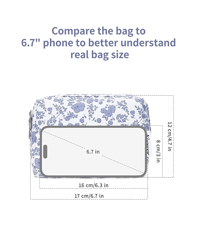 Narwey Small Cute Floral Makeup Bag for Purse Mini Cosmetic Bag Travel Makeup Pouch Zipper Pouch Cute Make up Bags with Compartments for Women Girls (Little Grayish Blue Flower, Small)