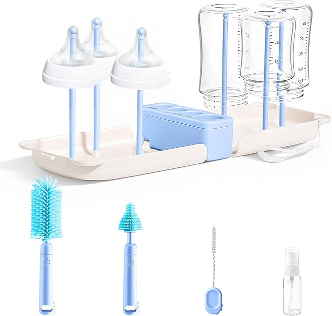 Travel Baby Bottle Cleaner Kit，7-in-1 Baby Bottle Brush Set for Travel and Home, All-in-One Baby Bottle Washing Kit: Integrated Cleaning & Drying System for Bottles and Breast Pump Parts (Blue)