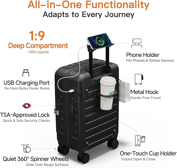 Expandable Lightweight PC Hard Shell Suitcase, 24-inch Luggage with TSA Lock, Top Opening & Cup Holder - Ideal for Business Travel Suitcase (Black, Checked-Medium 24-Inch)