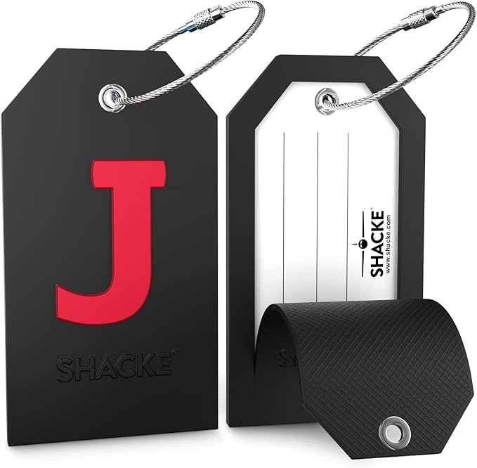 Shacke Initial Luggage Tag with Full Privacy Cover and Stainless Steel Loop - Black (Letter J)