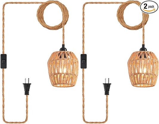 Plug in Pendant Light, Industrial Hanging Light with Plug in Cord Hemp Rope On/Off Switch Farmhouse, Vintage Pendant Light Fixture, Hanging Lamps for Dining Room