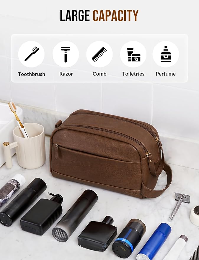 PU Leather Toiletry Bag for Men - Water Resistant Travel Bag for Toiletries, Bathroom Essentials, Accessories - Brown