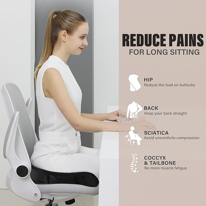 WAOAW Seat Cushion, Office Chair Cushions Butt Pillow for Car Long Sitting, Memory Foam Chair Pad for Back, Coccyx, Tailbone Pain Relief, Stocking Stuffers Gifts for Men Women (Black)