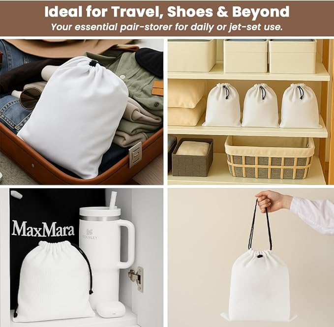 LFH Cotton Rich Shoe Storage Bags with Drawstring, Dustproof Breathable Reusable Organizer, Perfect For Travel, Dorm, Hotel, College, Gym, Easy to Carry, Machine Washable 8"x17" (Pack of 6) - White
