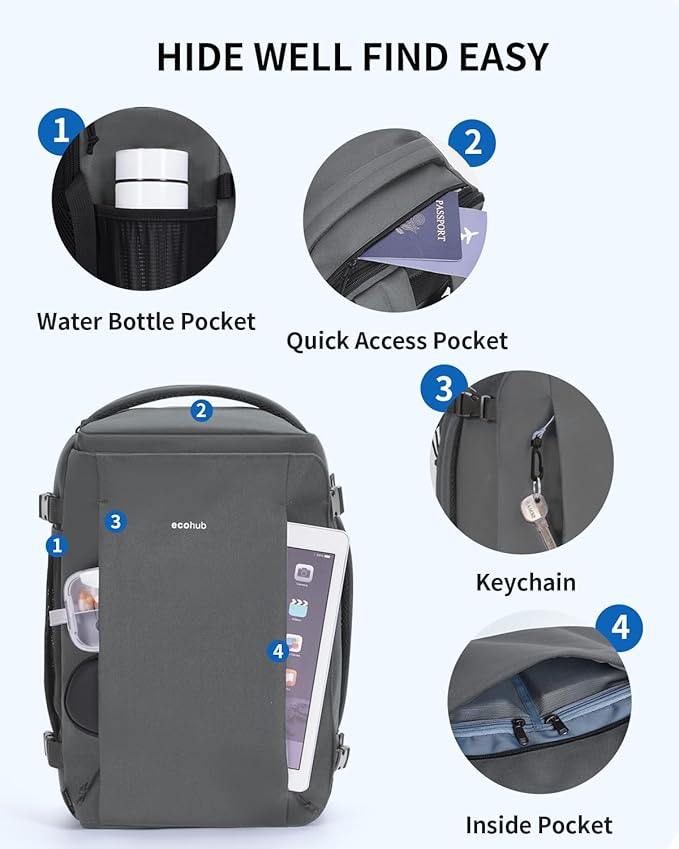 ECOHUB 40L Carry-On Travel Backpack, TSA-Friendly, Anti-Theft Water-Resistant Lightweight with 17.3″ Laptop Compartment, Durable PFAS-Free Rucksack, Grey