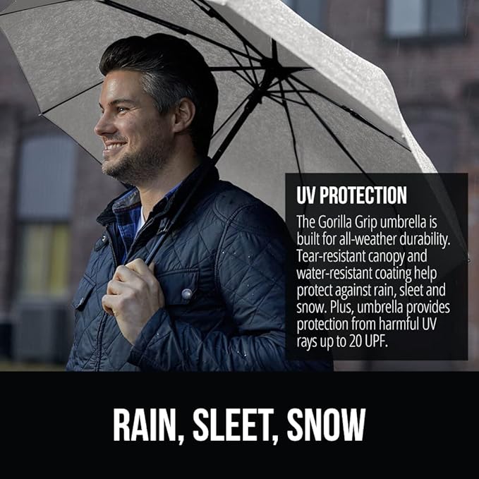 GORILLA GRIP Strong Windproof Stick Compact Umbrella for Rain, One-Click Automatic Open and Close, Durable Quick Dry Waterproof Material, Lightweight and Portable, Travel Size Fits Backpack, Gray