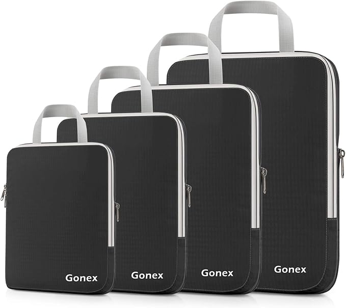 Gonex Compression Packing Cubes, 4pcs Expandable Storage Travel Luggage Bags Organizers(Black)