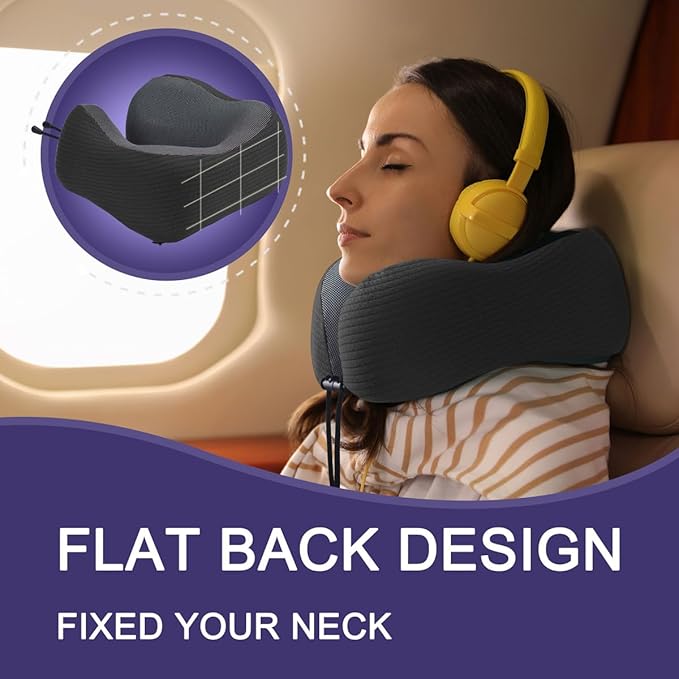 napfun Neck Pillow for Travel with Travel Pouch, Sleep Mask & Earplugs, Memory Foam Airplane Pillow for Headrest Sleep with Eyeshades, Plane Essentials with Eye Blindfold, Black Striped Kit