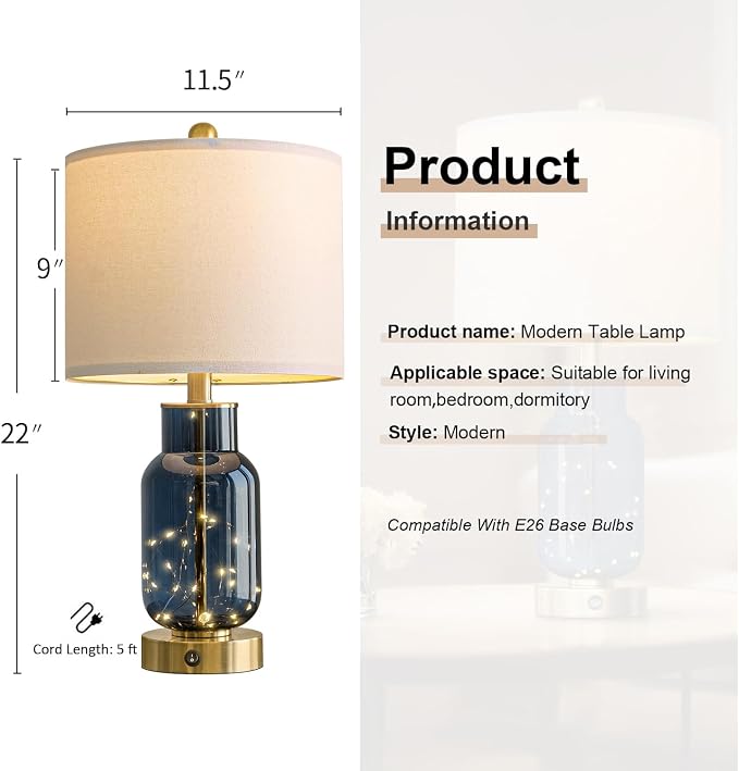 22" Glass Table Lamps Set of 2, Blue Modern Bedside Lamp with LED Night Light for Living Room, Nightstand Lamp with USB Ports for Bedrooms, Study Room, End Table(2 Bulbs Included)