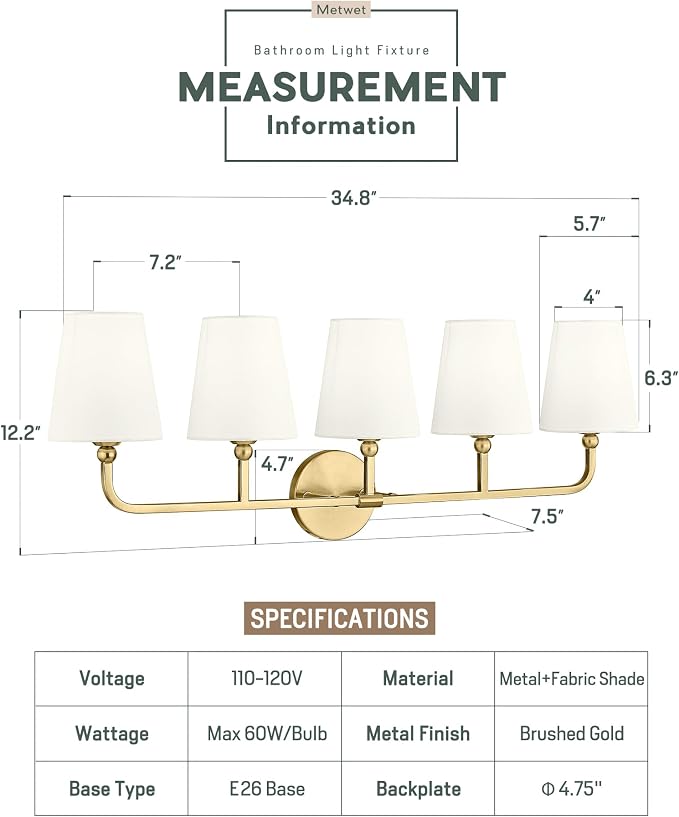 5-Light Brushed Gold Bathroom Vanity Light, Beige Fabric Shades | Ideal for 40-52" mirrors, 35" bathroom light fixtures over mirror, upward only, E26 base, bulbs not included, VL837-BG-B-5
