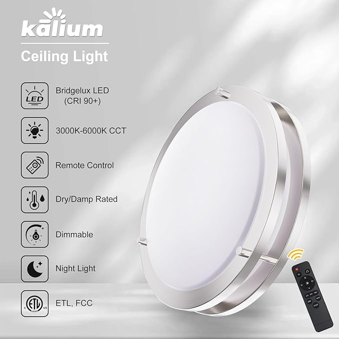LED Ceiling Light with Remote 14 Inch Flush Mount Ceiling Light Fixture, 24W 3000K-6000K Adjustable Color Temperature, Dimmable Lighting Fixtures for Kitchen Bedroom Hardwired Installation