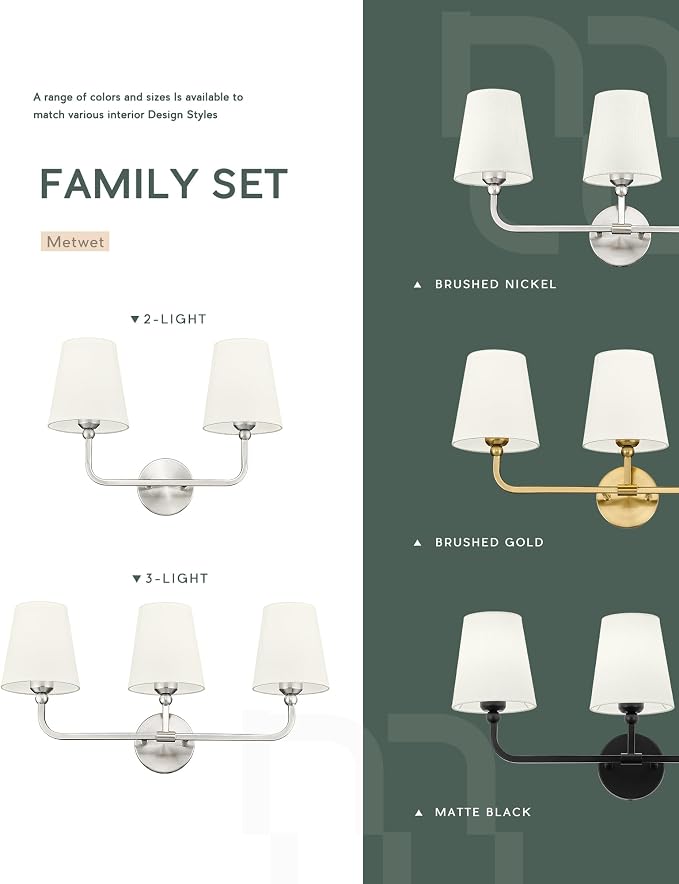3-Light Bathroom Light Fixtures, Brushed Nickel Vanity Lights with Beige Fabric Shade, Modern Sconces Wall Lighting for Hallway Bedroom, Upward Lighting, VL837-BN-B-3